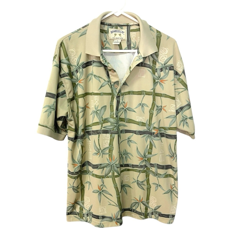 Bamboo Cay Medium Tan Polo Shirt Bamboo Print‎ Aerocool Resort Tropical Tiki